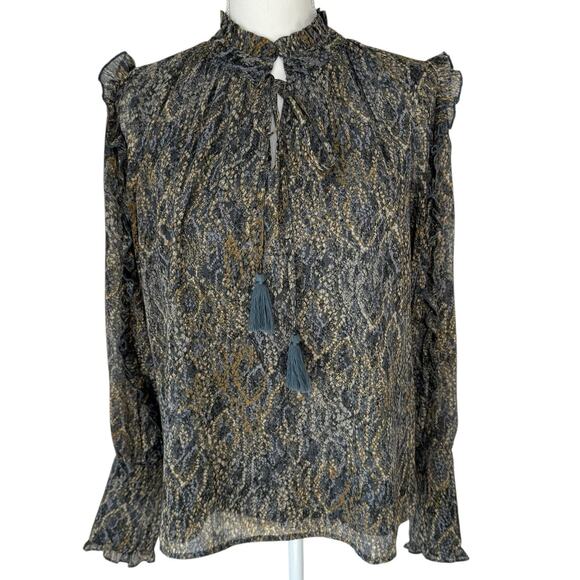 ANTHROPOLOGIE BTFL-Life Blouse Size M Boho Animal Print Ruffle Metallic Threads - Picture 1 of 13